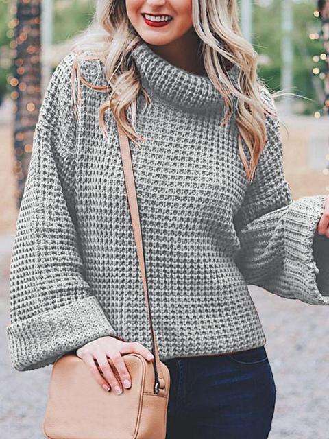 Casual Solid Color Knitted Turtleneck Sweater-Pinkami