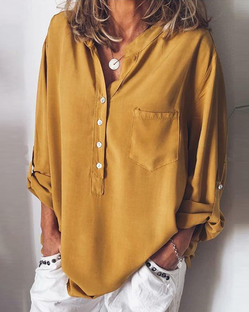 Solid Half Button Blouse-Pinkami