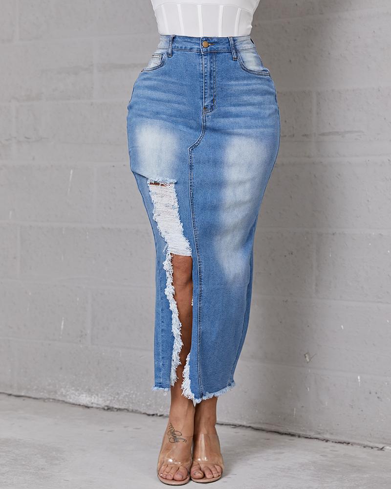 Women Split Side Raw Hem High Waist Denim Skirt-Pinkami