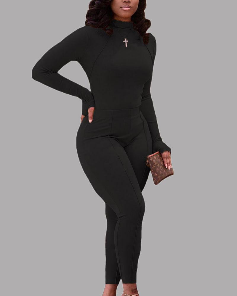 Solid Thumb Hole Mock Neck Top & Pants Set-Pinkami