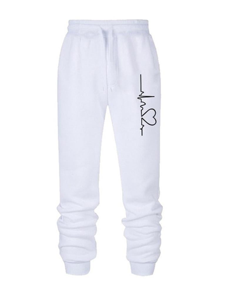 Heart Print Drawstring Front Pocket Detail Sports Pants For Women-Pinkami