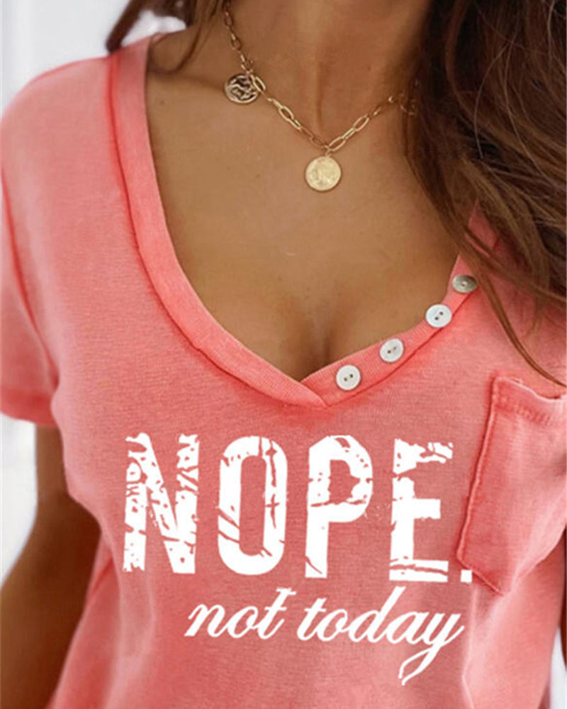 Letter Print Button Decor Patched Pocket T-Shirt-Pinkami