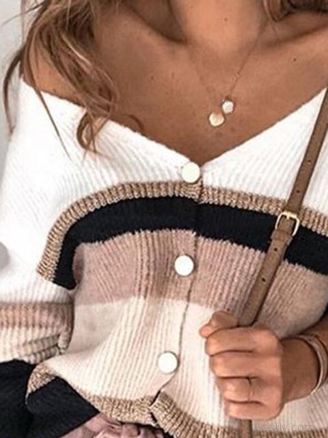 Striped Stitching V-neck Sweater Cardigan-Pinkami