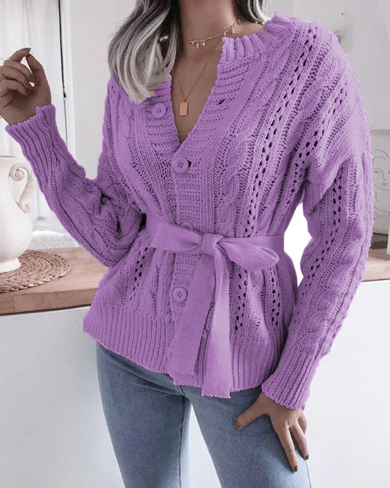 Solid Cable Knit Button Up Self-Tie Sweater-Pinkami