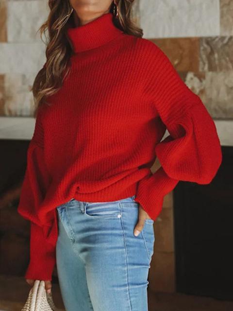 Solid Color Lantern Sleeve Turtleneck Sweater-Pinkami