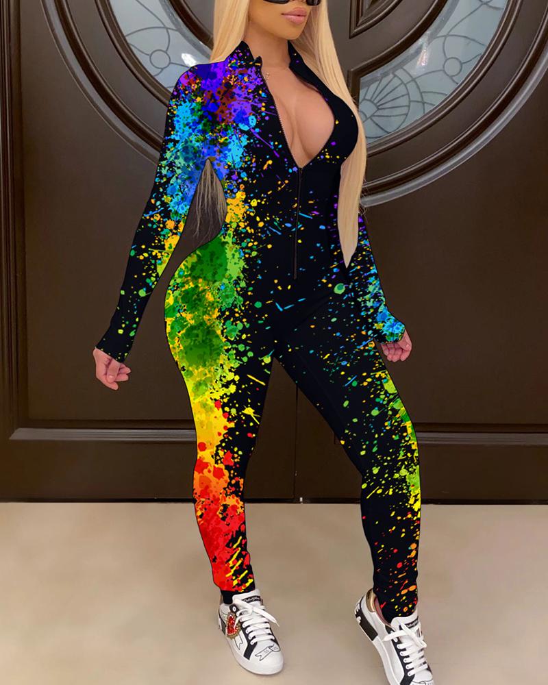 Splash Ink Print Zip Up Form Fitting Casual Jumpsuit