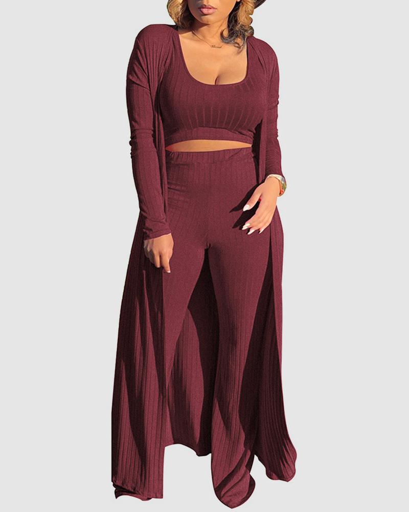 Solid Rib-Knit Crop Top & Pants Set With Coat-Pinkami