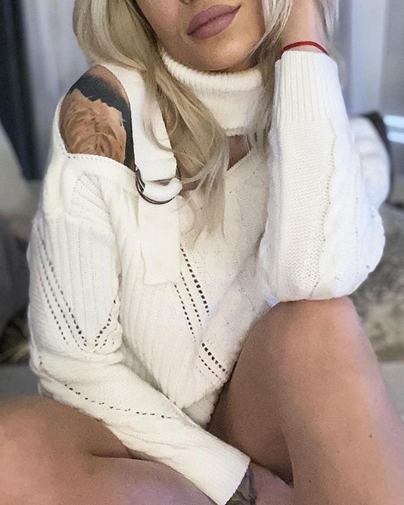 Solid Cable Knit Buckle Cutout Turtleneck Sweater-Pinkami