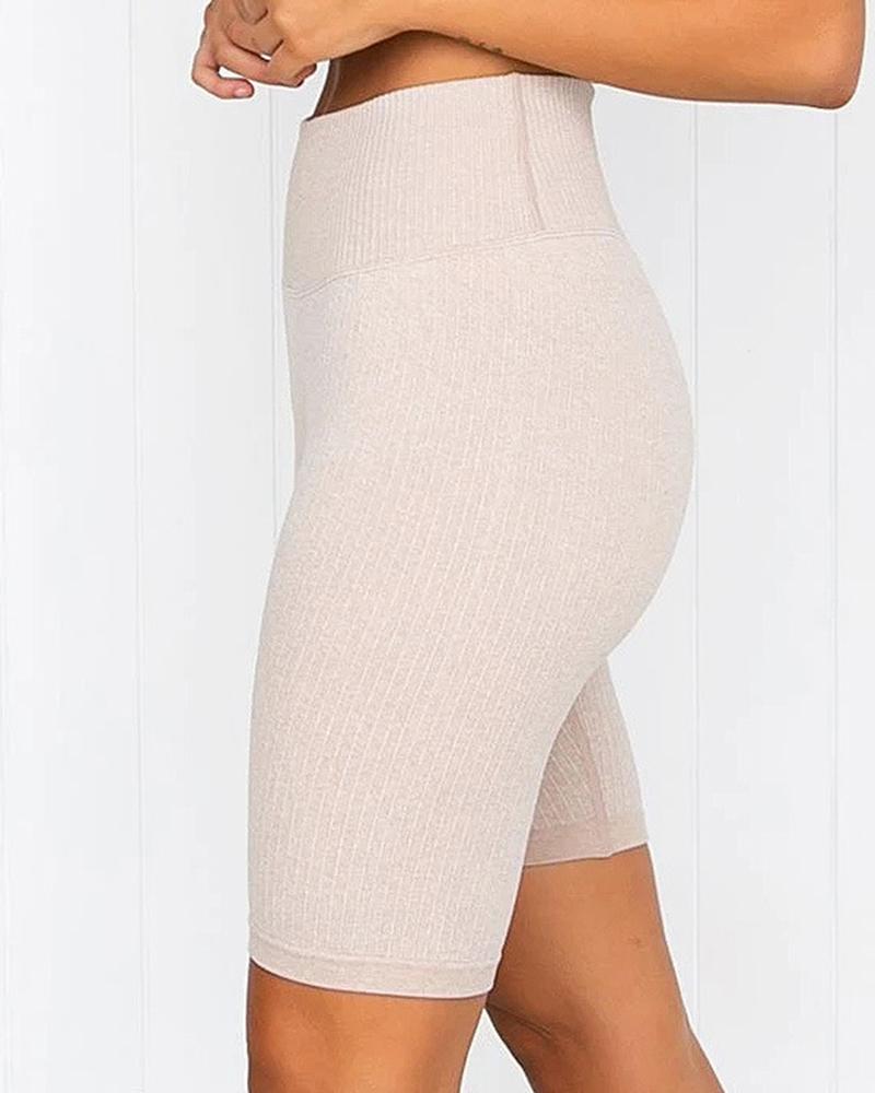 Rib-knit Wide Waistband Butt Lifting Sports Shorts-Pinkami