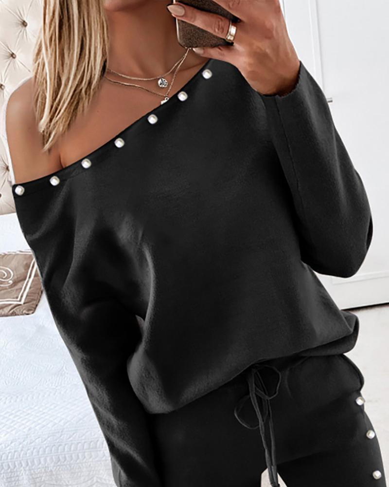 Solid Faux Pearl Decor Boat Neck Top & Pants Set-Pinkami