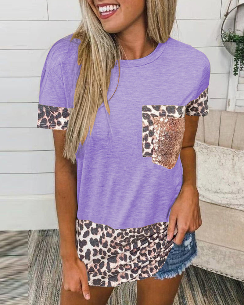 Contrast Leopard Sequin Patched Pocket T-Shirt-Pinkami