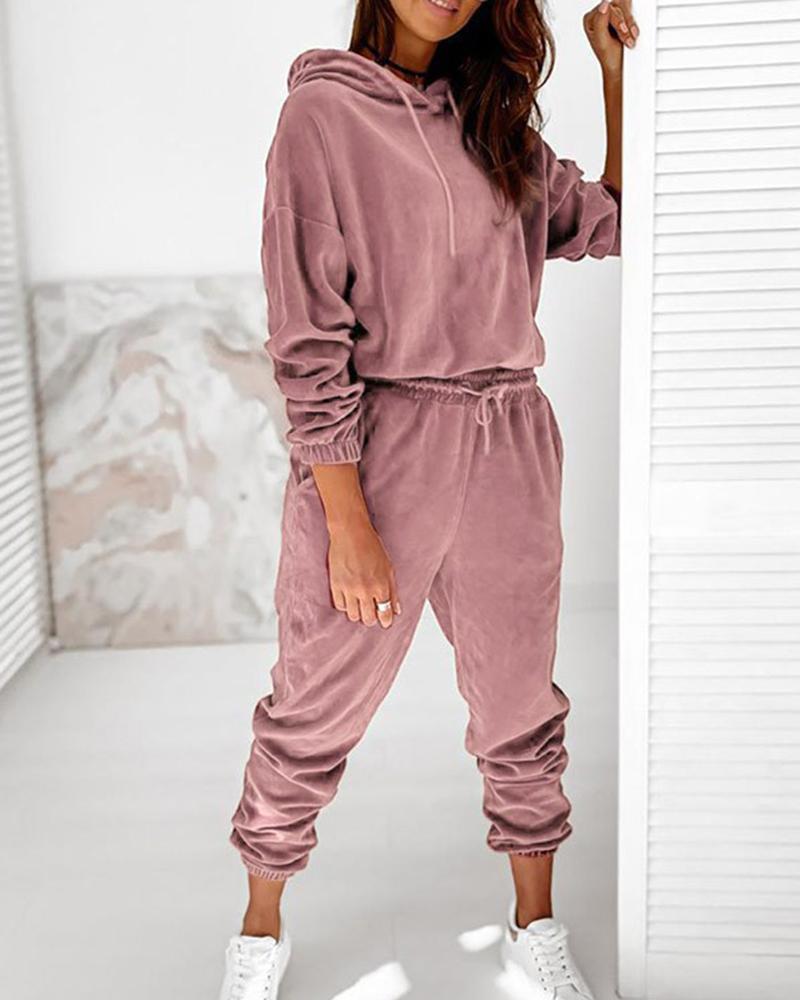 Solid Velvet Drawstring Detail Hoodie & Pants Set-Pinkami