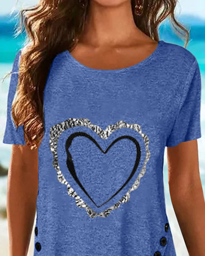 Heart Print Button Side Asymmetrical Hem T-Shirt-Pinkami