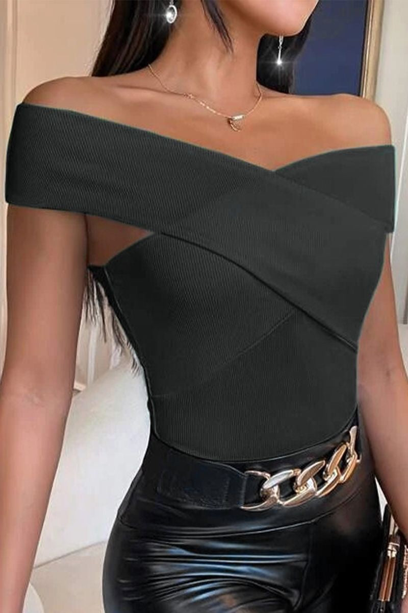 Solid Ribbed Criss Cross Off Shoulder T-Shirt-Pinkami