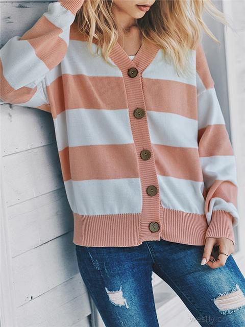 Color Block Buttons Up Sweater Cardigan-Pinkami