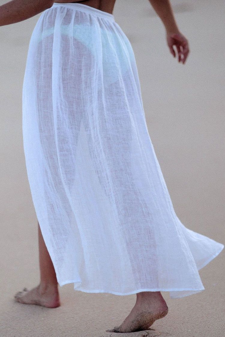 Solid Self Tie High Split Sheer Long Beach Skirt-Pinkami