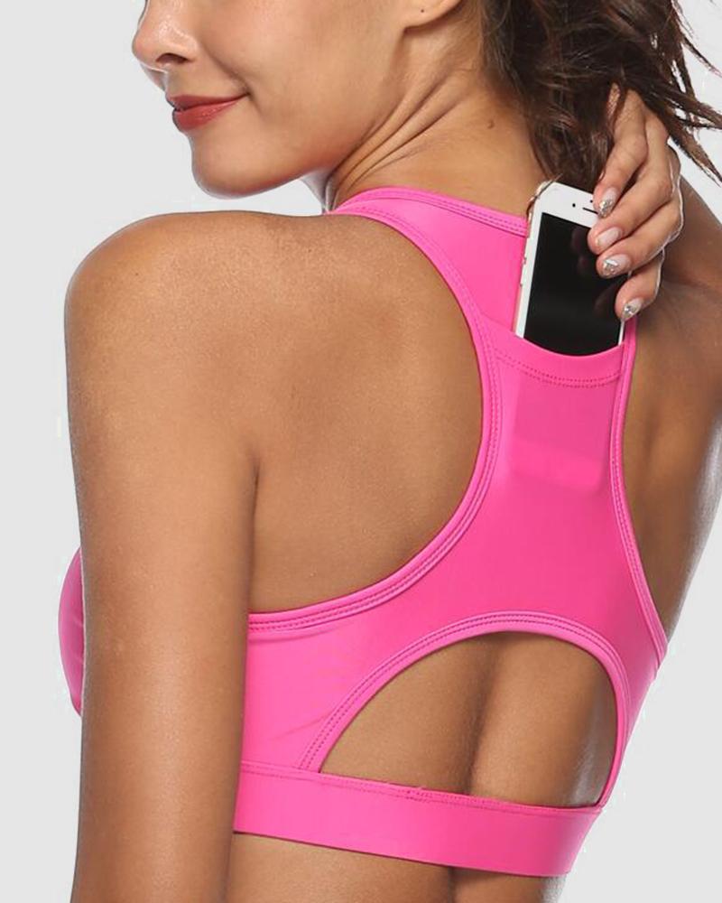 Pocket Decor Cutout Racerback Sports Bra-Pinkami