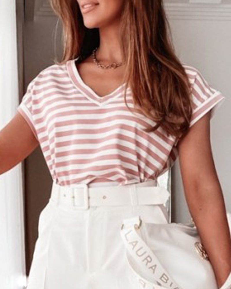 Striped V Neck Short Sleeve T-Shirt-Pinkami