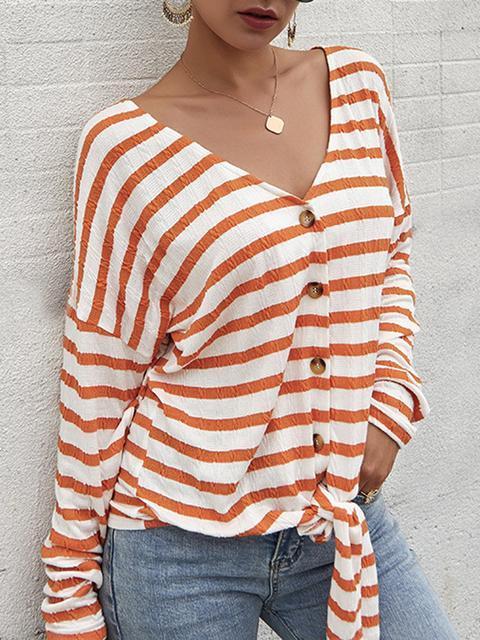 Striped Pattern Button Strap Knit Cardigan-Pinkami