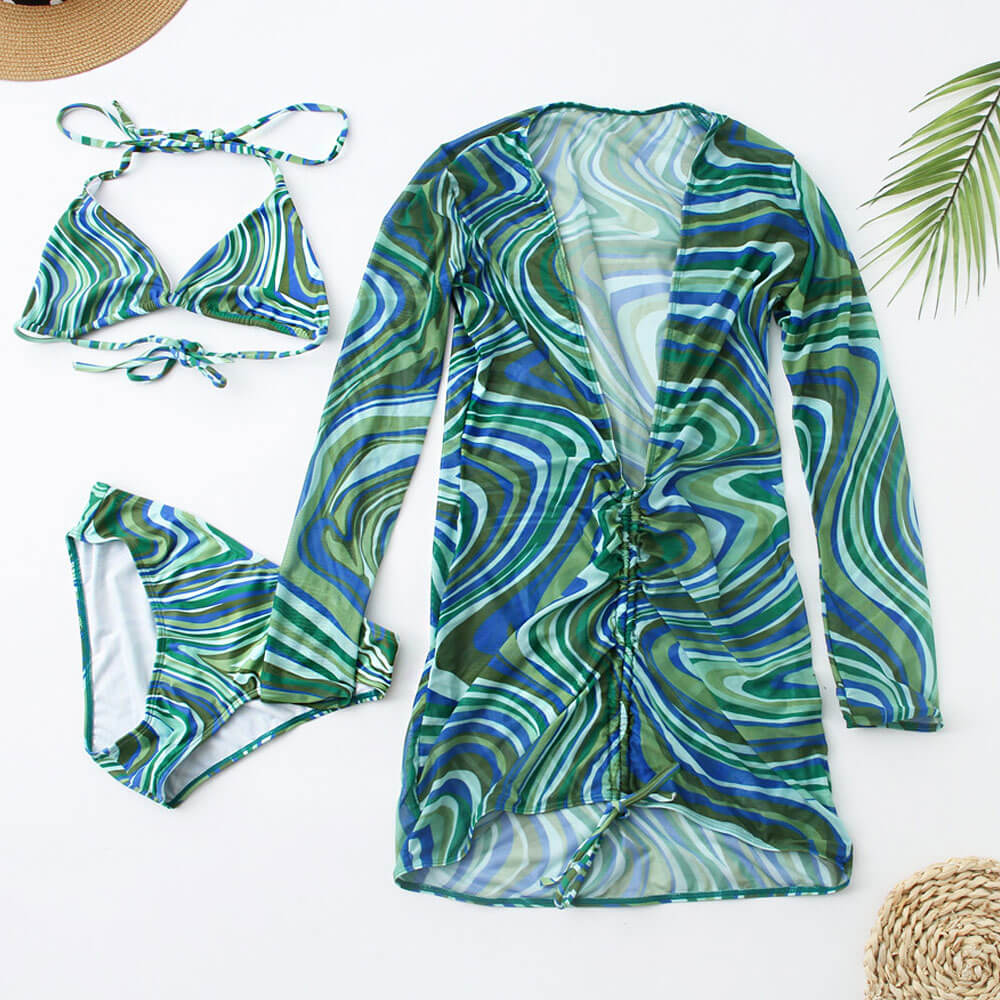 Abstract Print Mesh Cover Up Slide Triangle Brazilian Three Piece Bikini Swimsuit