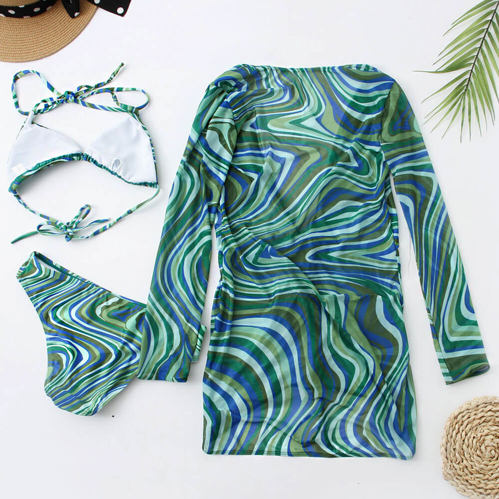 Abstract Print Mesh Cover Up Slide Triangle Brazilian Three Piece Bikini Swimsuit