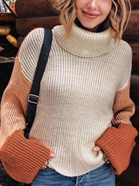 Color Block Loose Funnel Neck Sweater-Pinkami