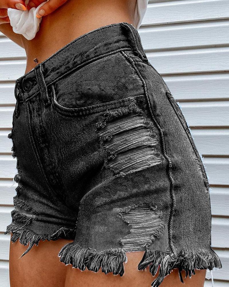 Women Ripped Sunflower & Letter Print Fringe Hem Denim Shorts-Pinkami