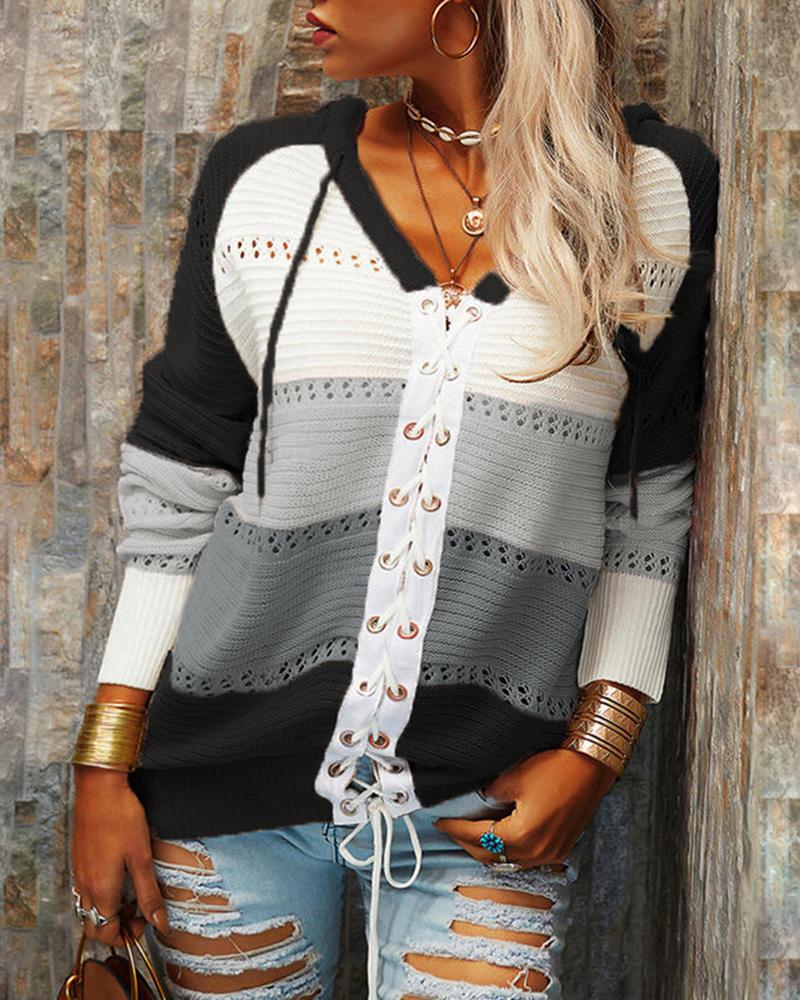 Colorblock Lace Up Pointelle Knit Hooded Sweater-Pinkami