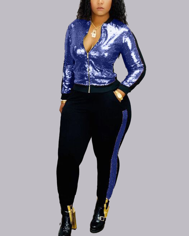 Colorblock Metallic Zip Front Jacket & Pants Set