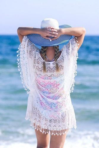 White Crochet Hollow Out Tassel V Neck Sexy Beach Cover Up Tunic-Pinkami
