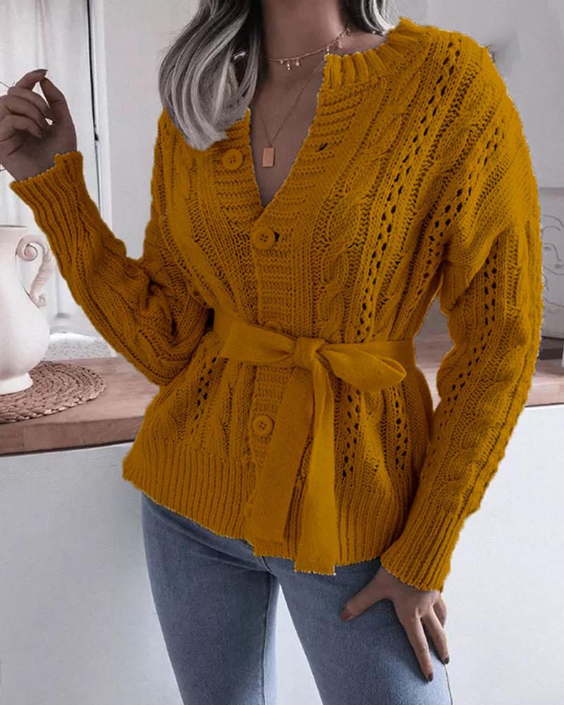 Solid Cable Knit Button Up Self-Tie Sweater-Pinkami