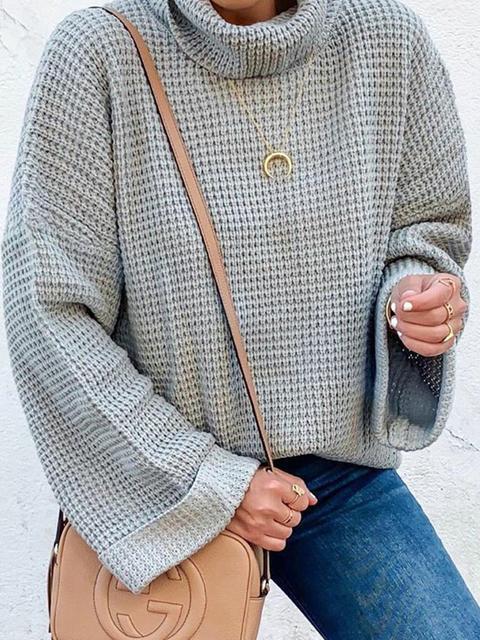 Casual Solid Color Knitted Turtleneck Sweater-Pinkami