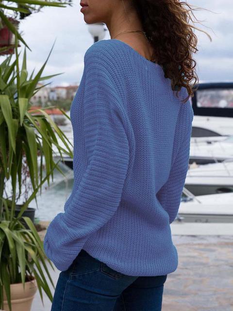 Solid Ribbed V-Neck Lightweight Sweaters-Pinkami