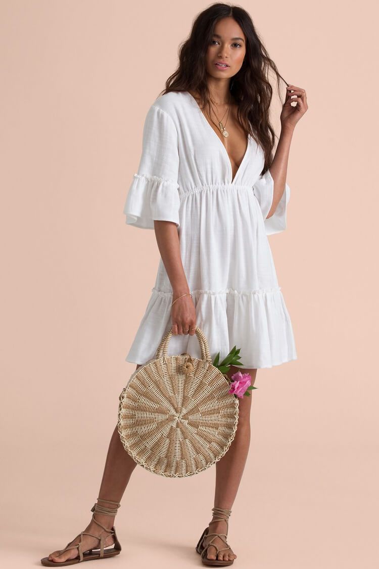 Stringy-Selvedge Sleeved Flare Hem Semi-Sheer Cover Up-Pinkami