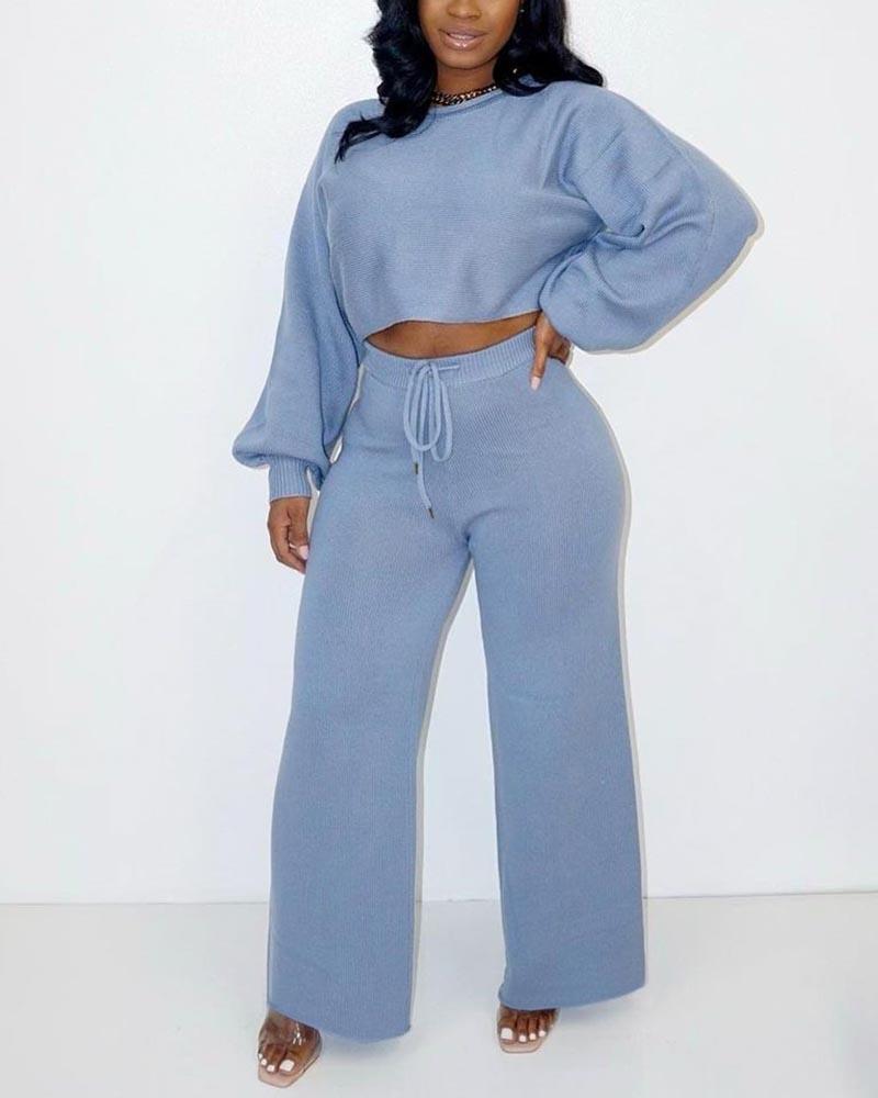 Ribbed Drawstring Waist Top & Wide Leg Pants Set-Pinkami