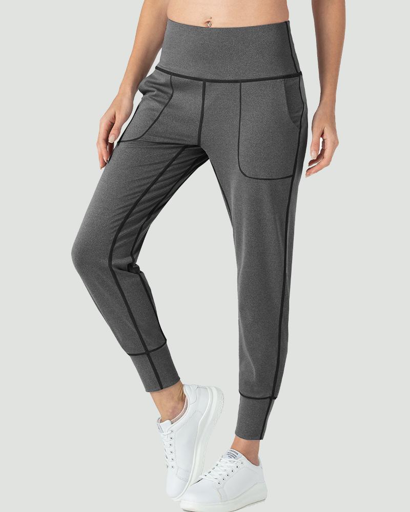 Slant Pocket Wide Waistband Elastic Hem Sports Leggings For Women-Pinkami