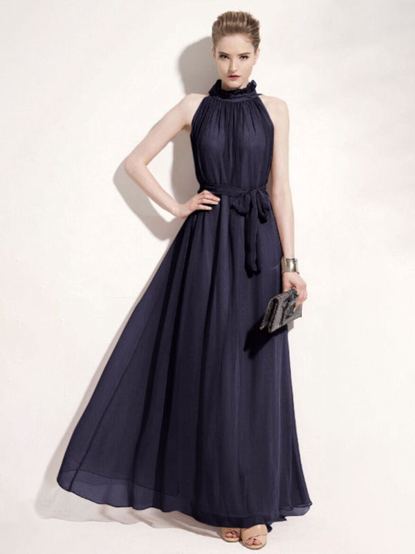 Purple Jewel Neck Lace Up Chiffon Maxi Beach Dress