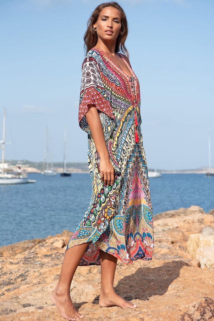 Ethnic Printed Sleeved Tie Front V Neck Maxi Cover Up-Pinkami