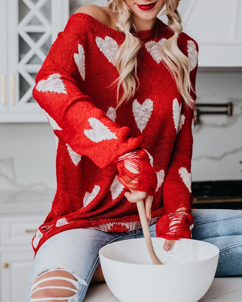 Heart Pattern Print Ripped Boat Neck Sweater-Pinkami