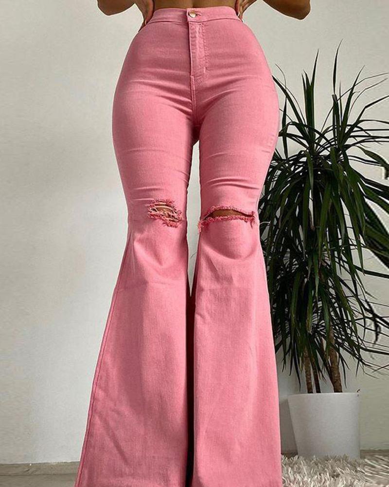 Women Solid Raw Hem Ripped Knee Flare Leg High Waist Jeans-Pinkami