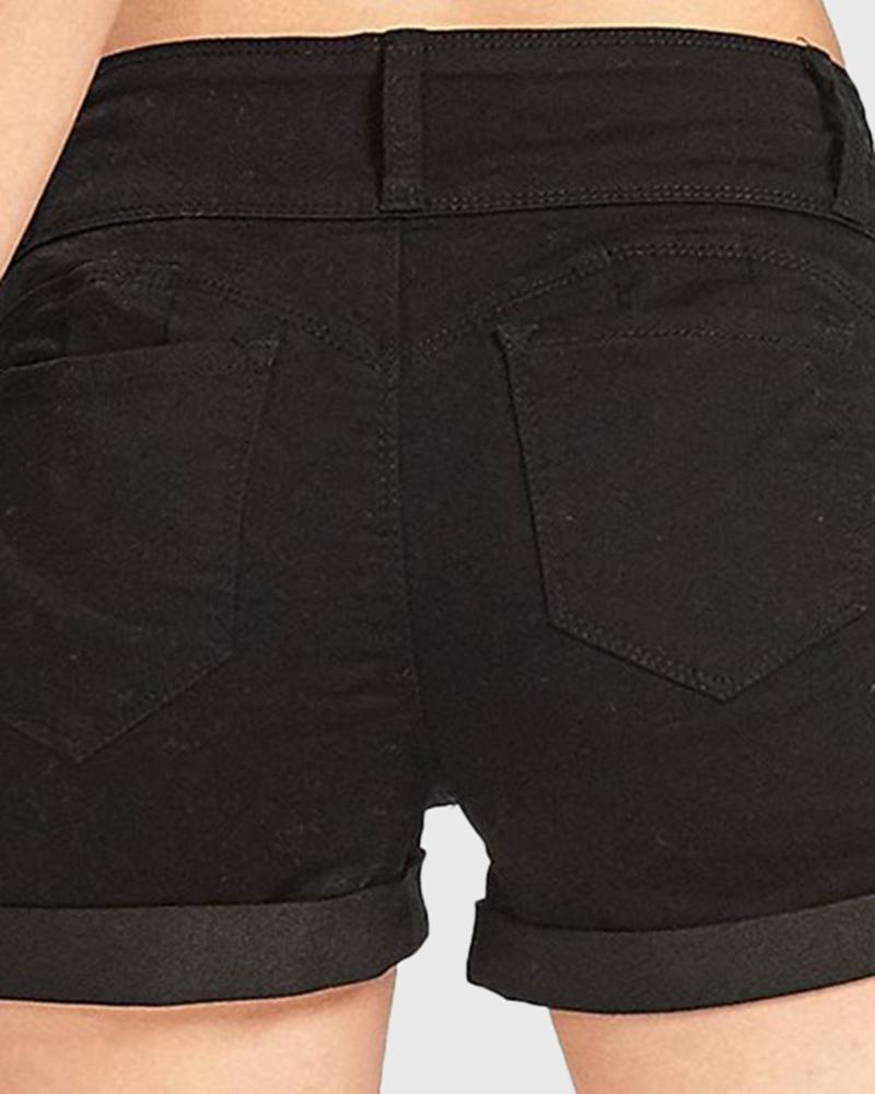 Women High Waist Button Front Roll Up Hem Denim Shorts-Pinkami