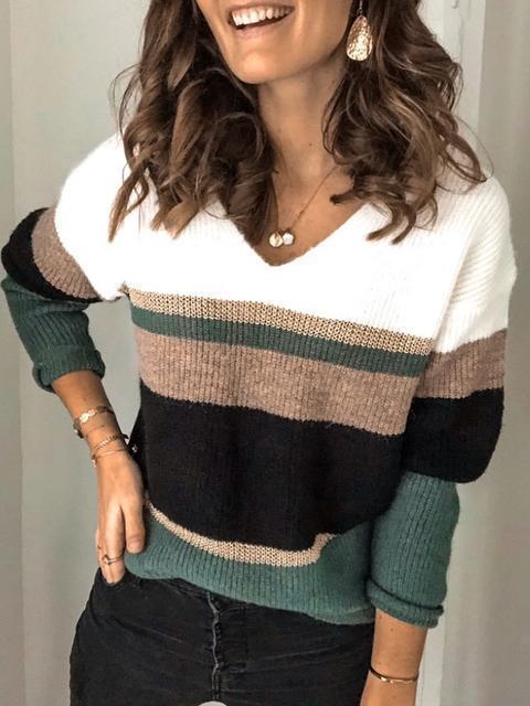 Casual Loose Stripe V-Neckline Sweater-Pinkami