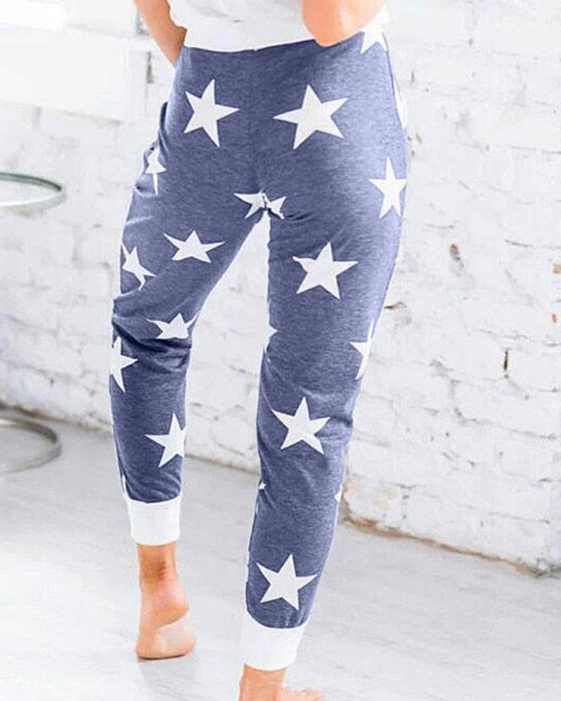 Star Print Drawstring Waist Pocket Side Sports Pants For Women-Pinkami