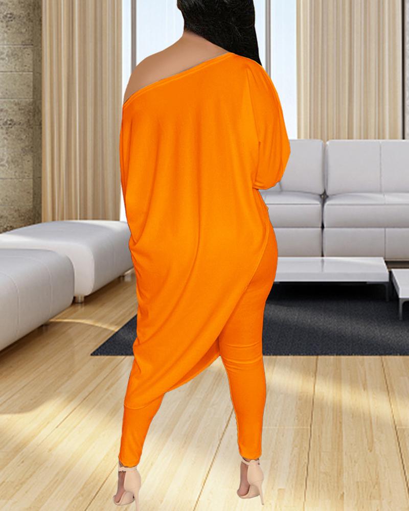 Solid Boat Neck Asymmetrical Long Sleeve Top & Pants Set-Pinkami