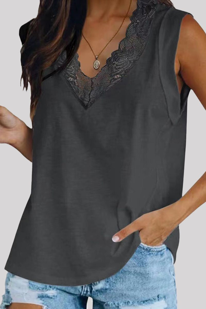 Solid Contrast Lace Tank Top-Pinkami