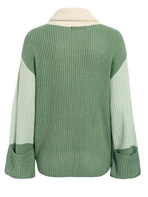 Color Block Loose Funnel Neck Sweater-Pinkami