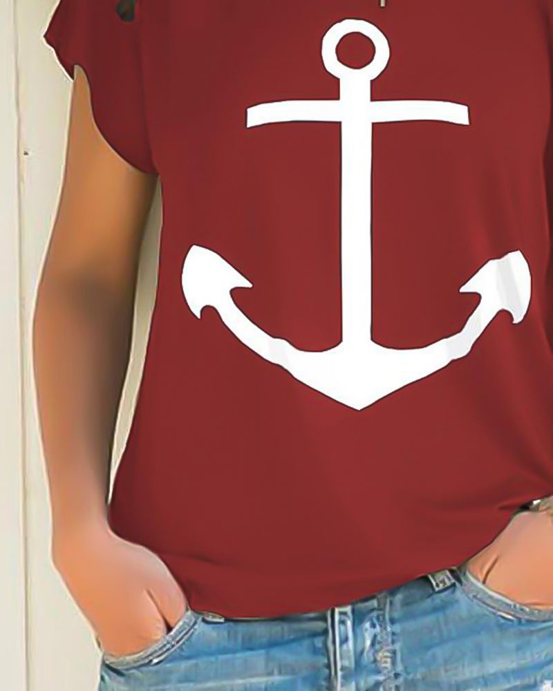 Sign Print Criss Cross Asymmetrical Neck T-Shirt-Pinkami