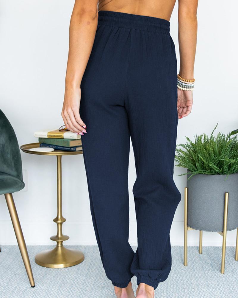 Solid Slant Pocket Drawstring Waist Joggers For Women-Pinkami