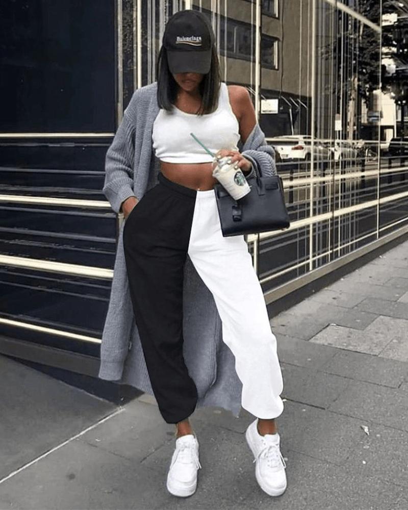 Slant Pokcet Elastic Waist Straight Leg Sports Pants For Women-Pinkami