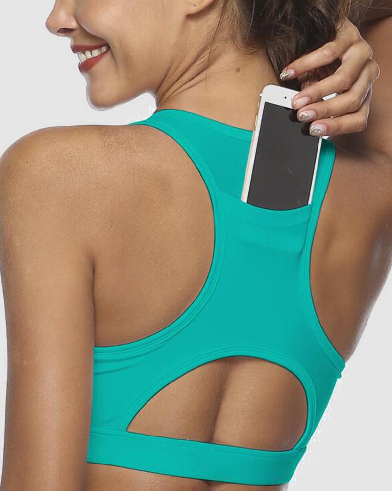Pocket Decor Cutout Racerback Sports Bra-Pinkami